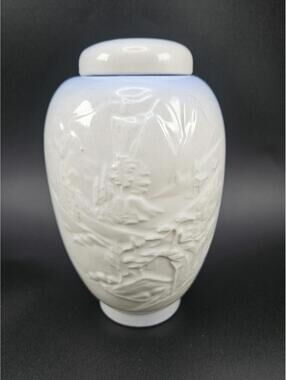 Wabi-Sabi Japanese Ceramic Jar w/ Lid Raised Relief Nature Scene Majolica Style